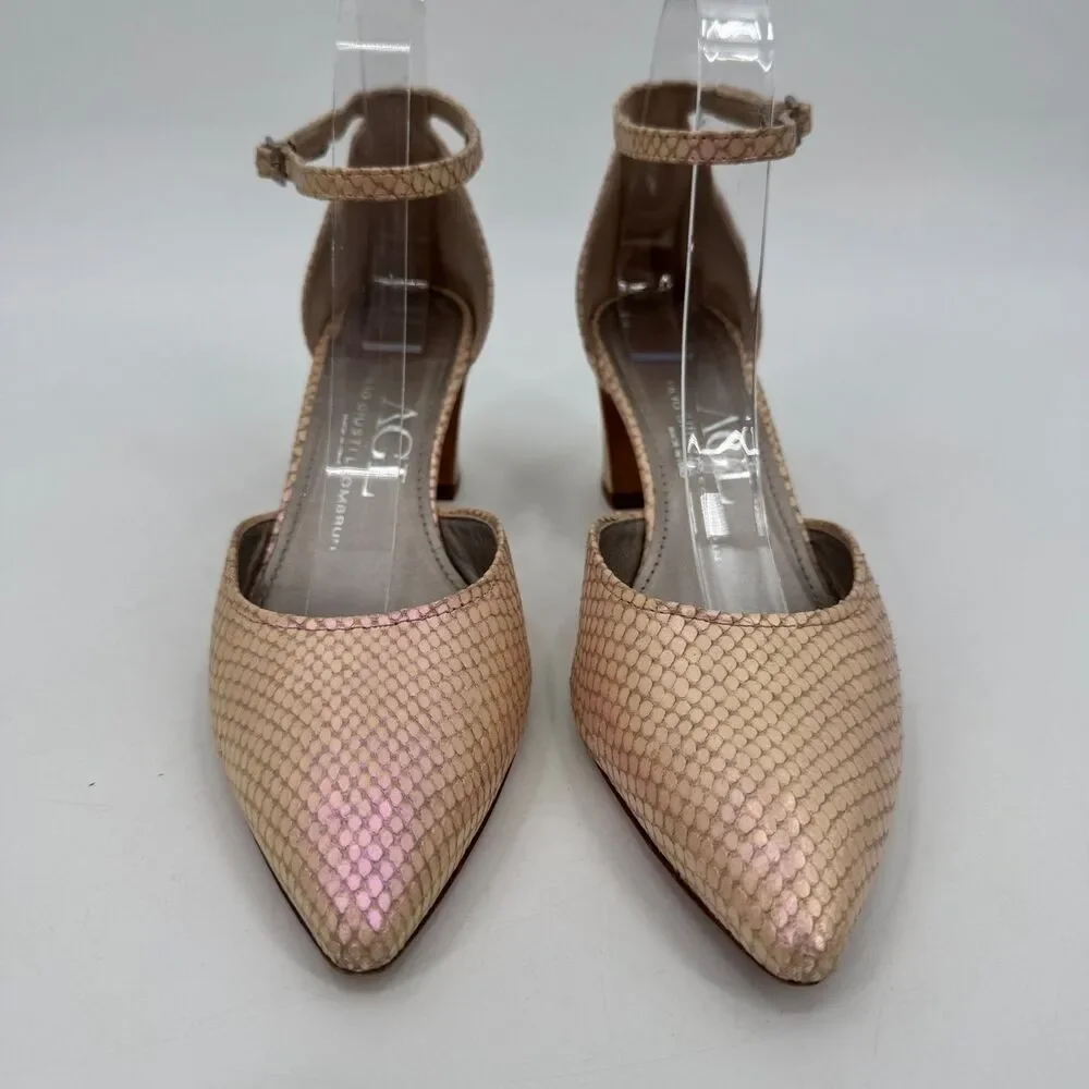 AGL D'Orsay Pink Pearlescent Snakeskin Ankle Strap Chunk Heels Size 9 US 39 EUR
